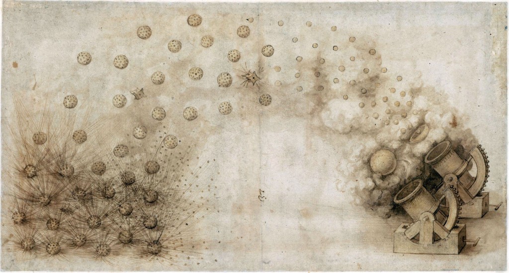 Leonardo, Due bombarde che scagliano palle esplosive Veneranda Biblioteca Ambrosiana, CA f. 33 recto 